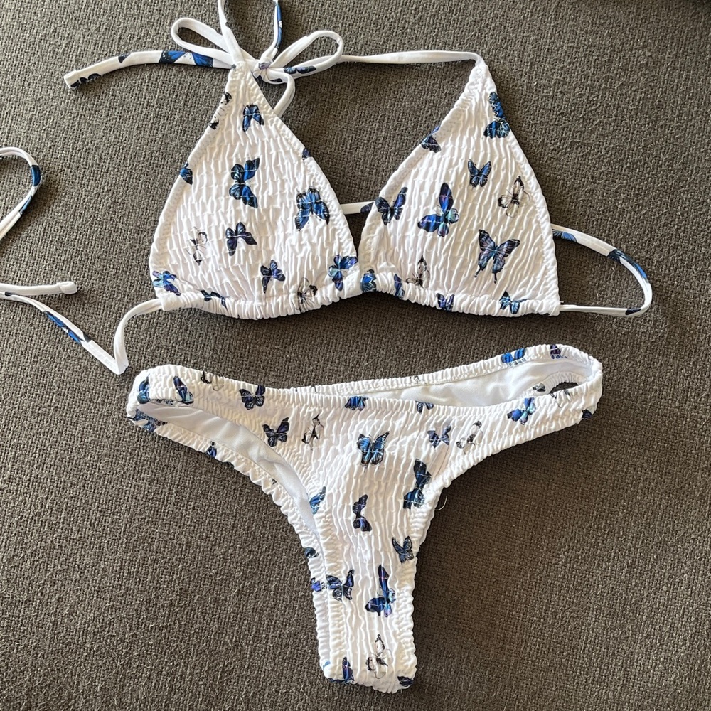 White Smocked Butterfly Print Triangle Bikini Set